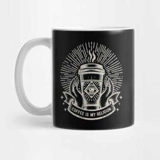 Coffee Is My Religion - highly caffeinated and may be caffeine addict illuminati parody - dark background Mug